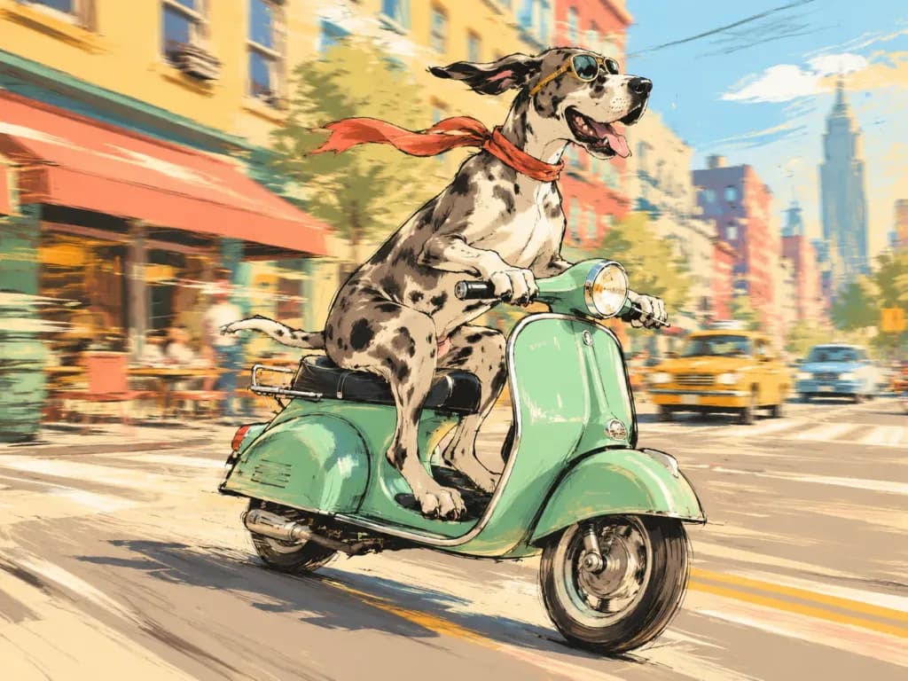 スクーターに乗る犬の街中イラスト