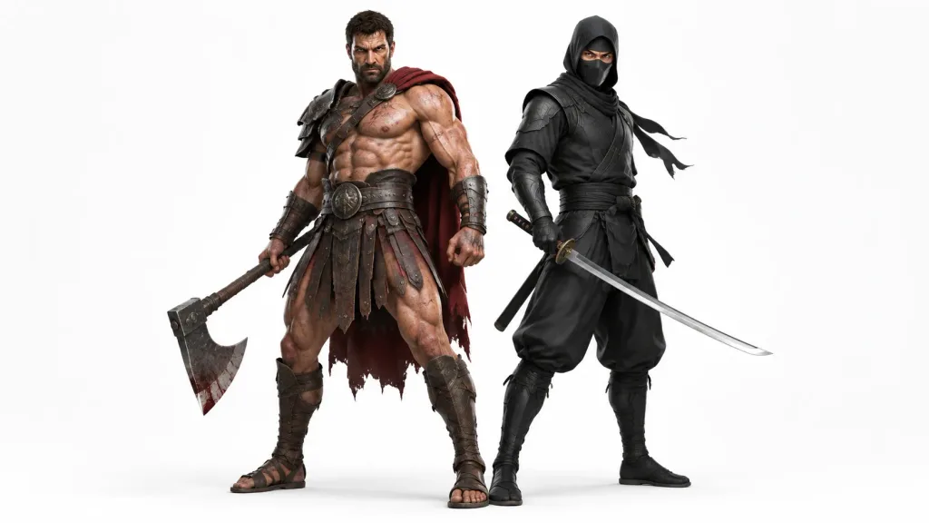 3D戦士と忍者のゲームキャラクター