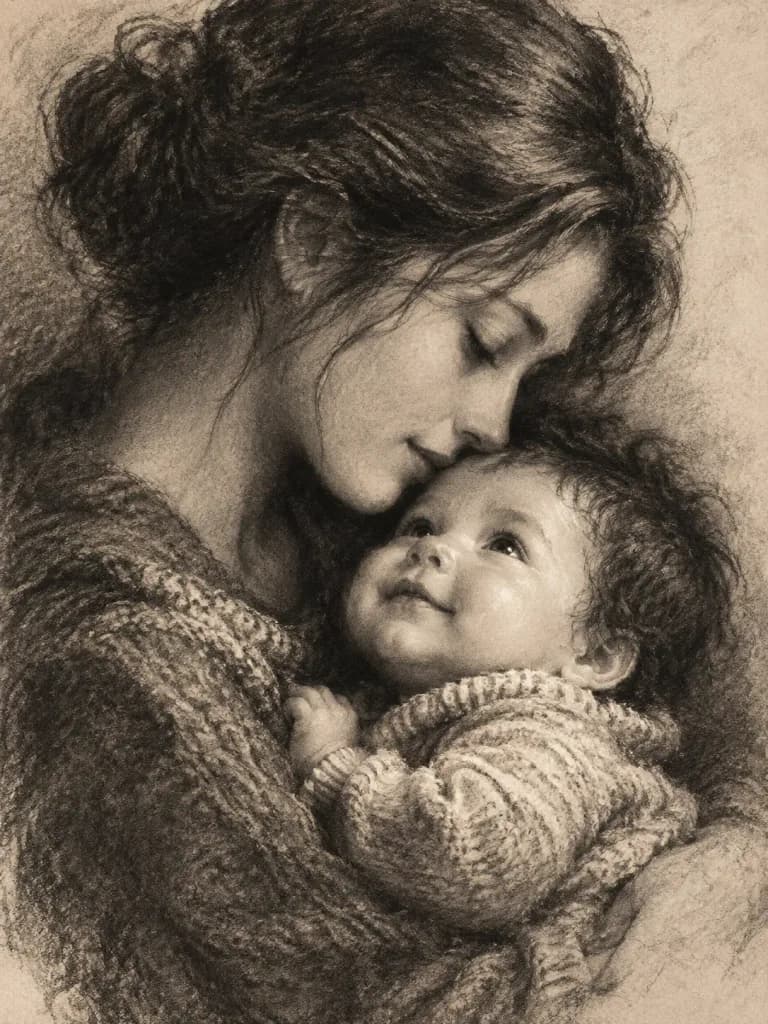 Disegno a Carboncino Madre e Figlio