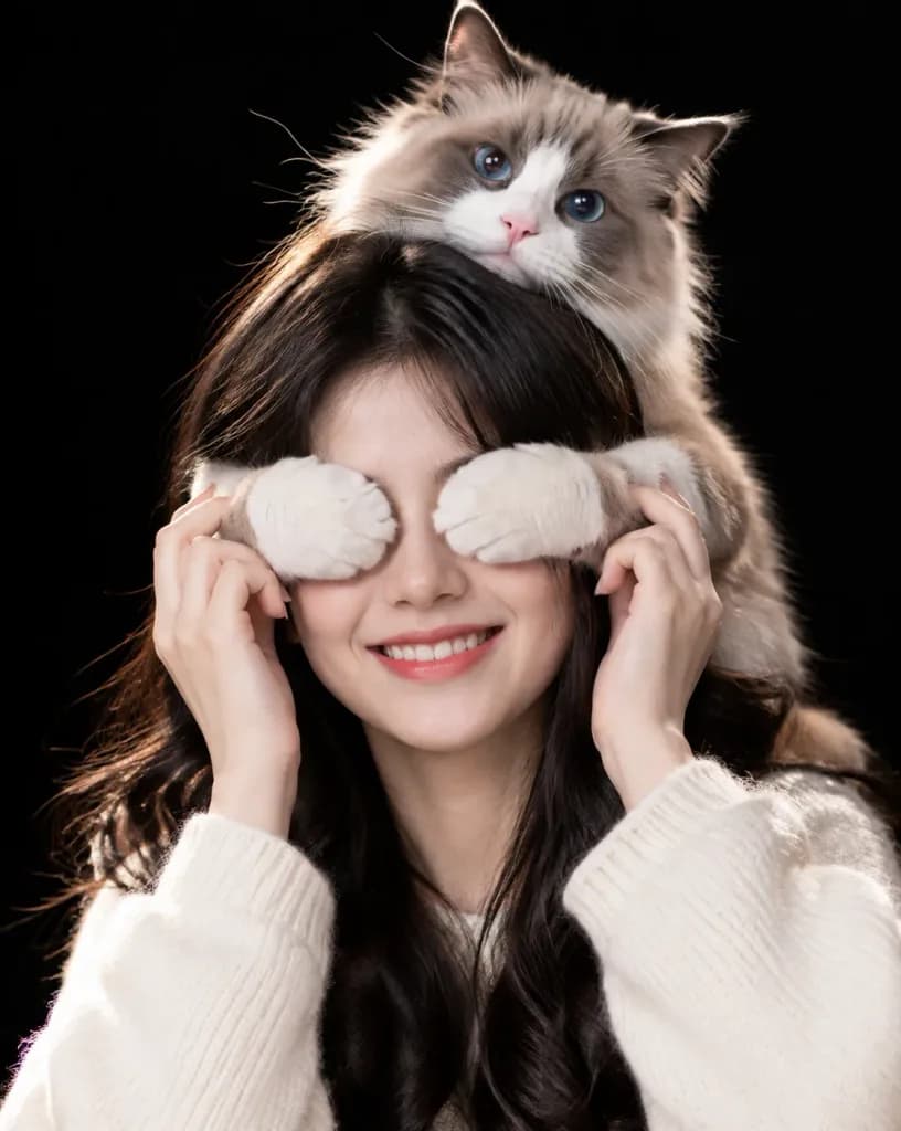 Cat Covering Human Eyes Studio Portrait