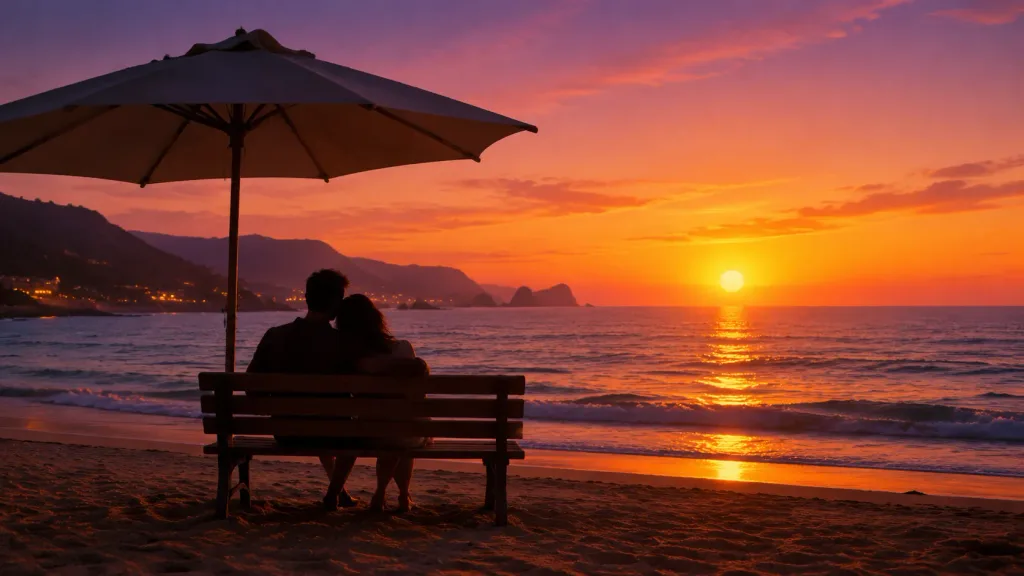 Sunset Silhouette on Beach Bench
