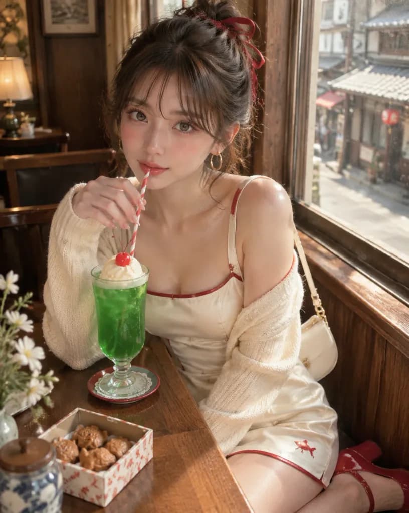 レトロ東京カフェのファッションポートレート