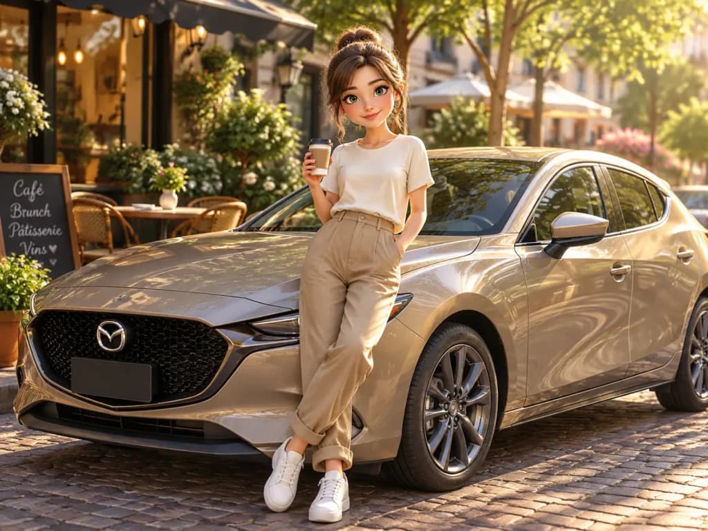 ハッチバックにもたれる3Dデフォルメ女性