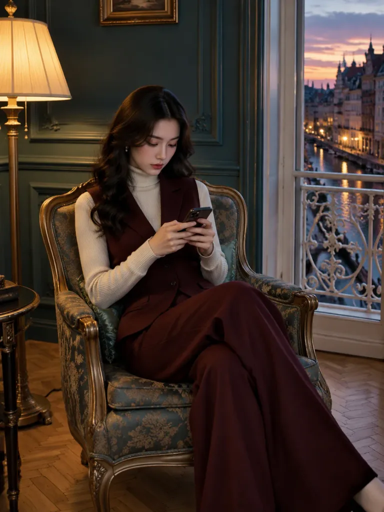 Woman with Smartphone in Luxury European Interior