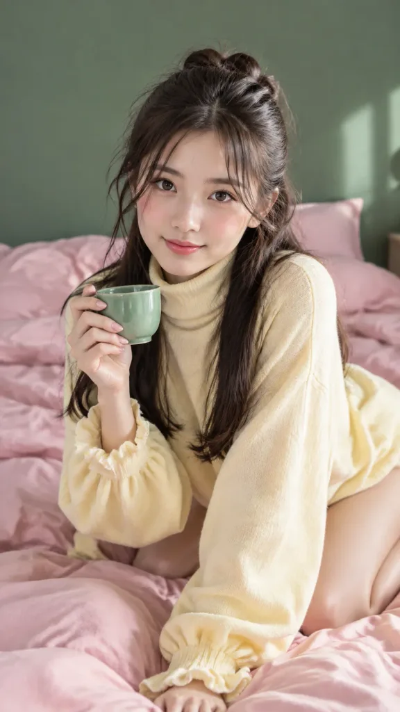 침대 위 아늑한 아침 커피