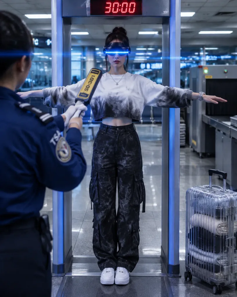 공항 검색대의 사이버펑크 여성