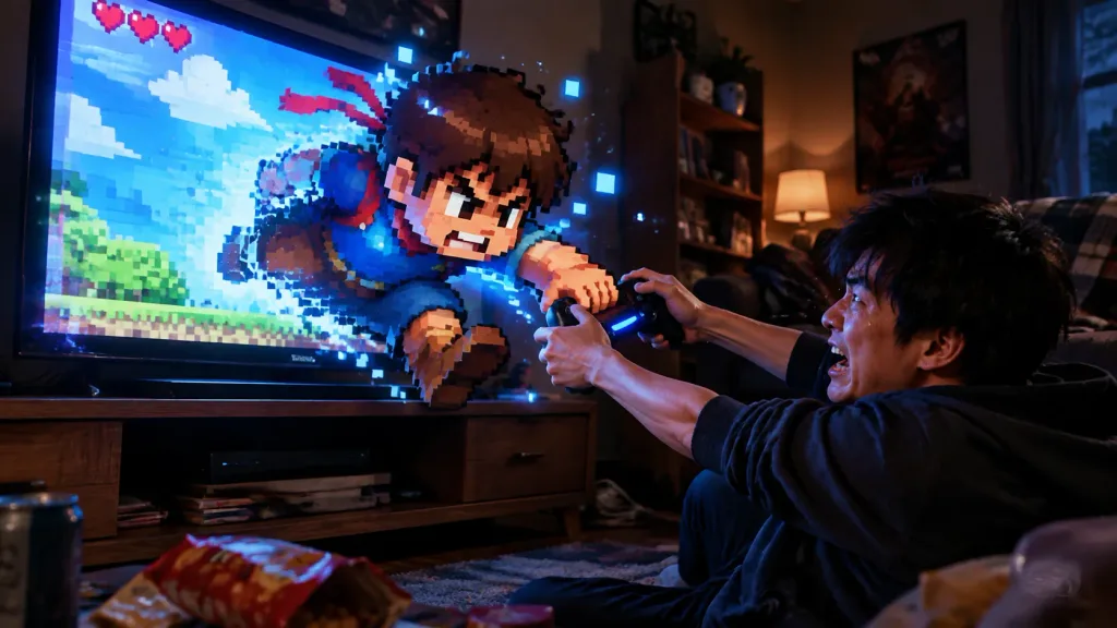 Pixel Character Escaping the TV
