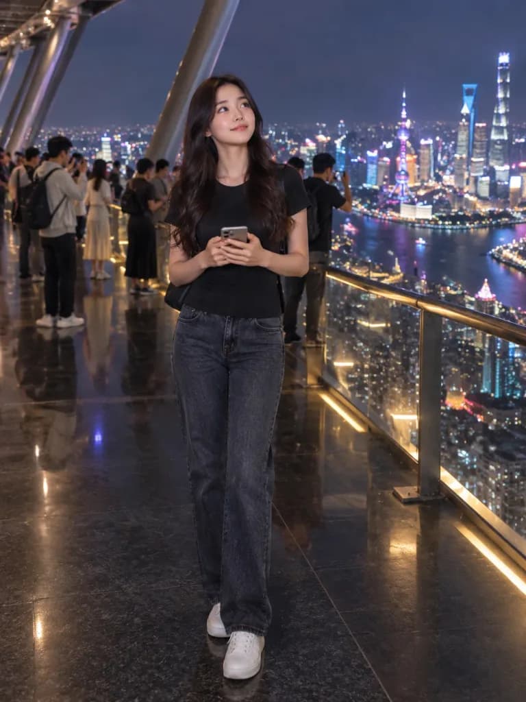Woman on Skyscraper Observation Deck at Night