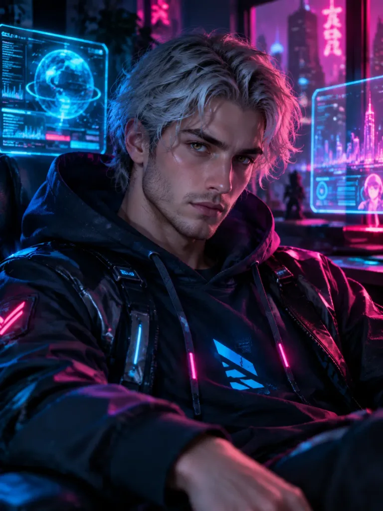 Cyberpunk Silver Haired Hacker Portrait