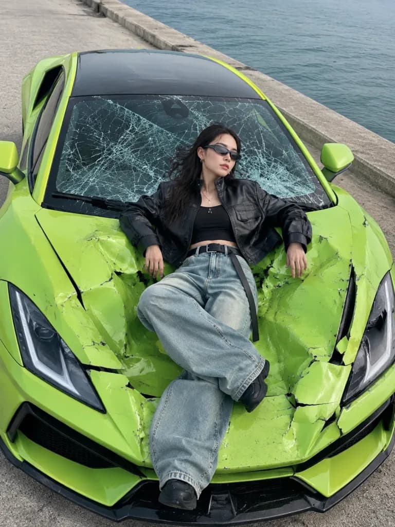 Woman Resting on Crushed Sports Car