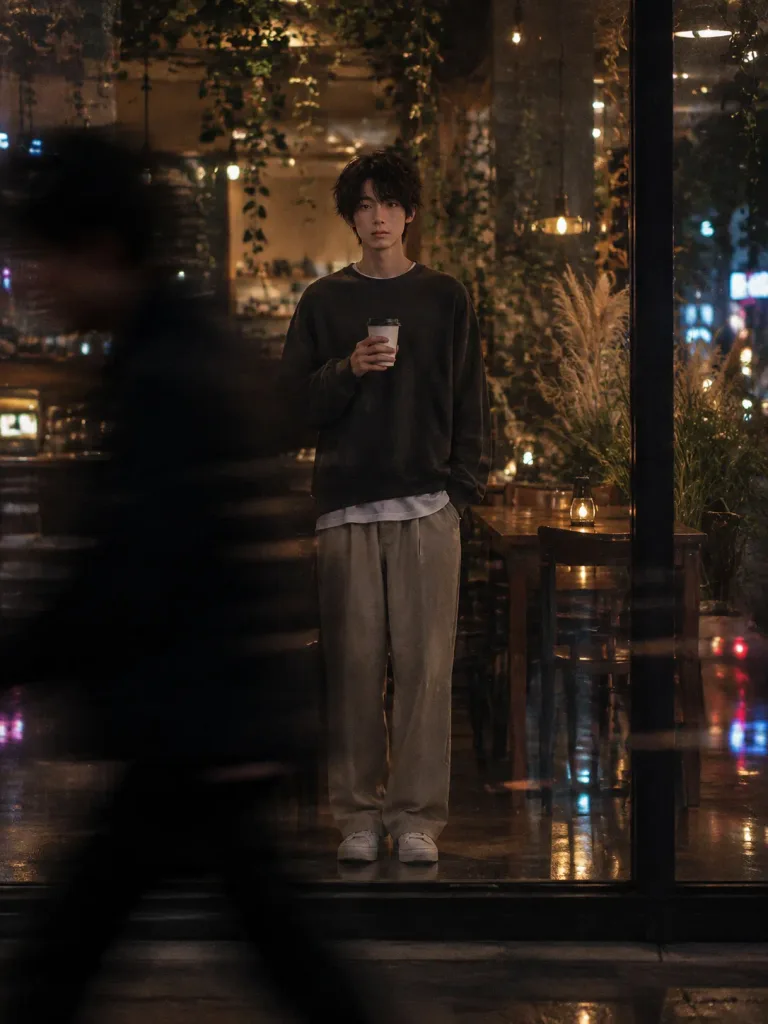 Cinematic Night Café Glass Reflection Portrait