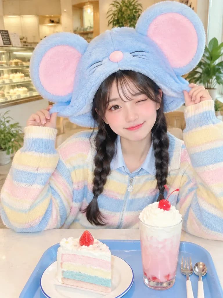 Cute Café Girl in Plush Hat