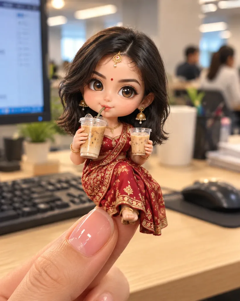 Chibi Doll on Fingertip at Office Desk