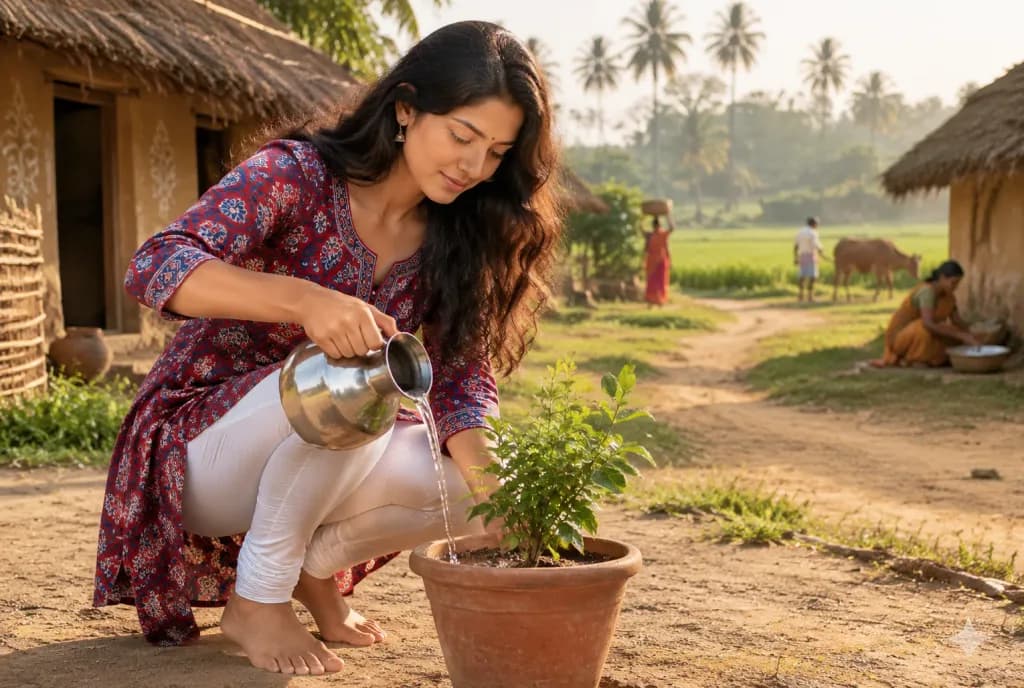 Indian Village Morning Plant Watering