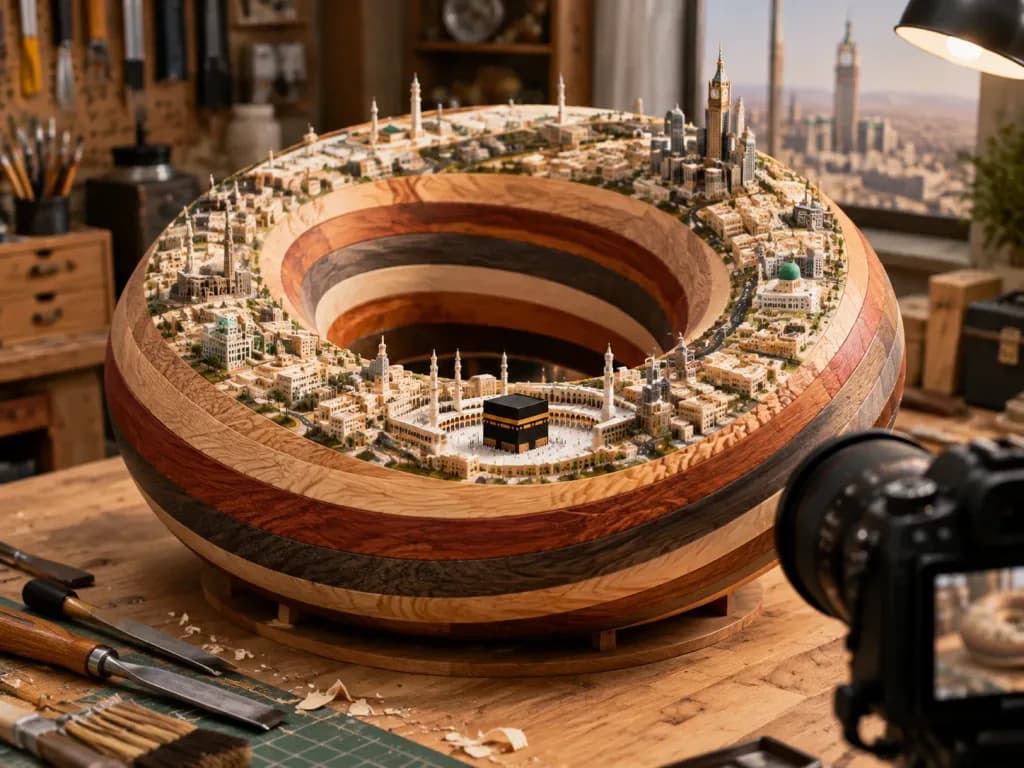 Carved Wooden Torus City Sculpture