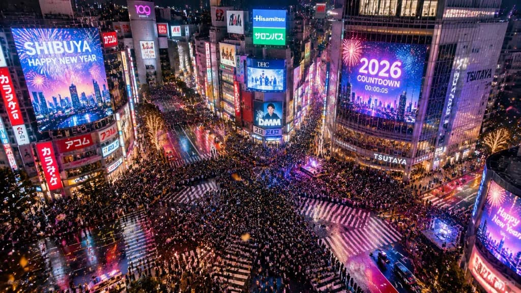 Aerial Shibuya Crossing New Year Countdown
