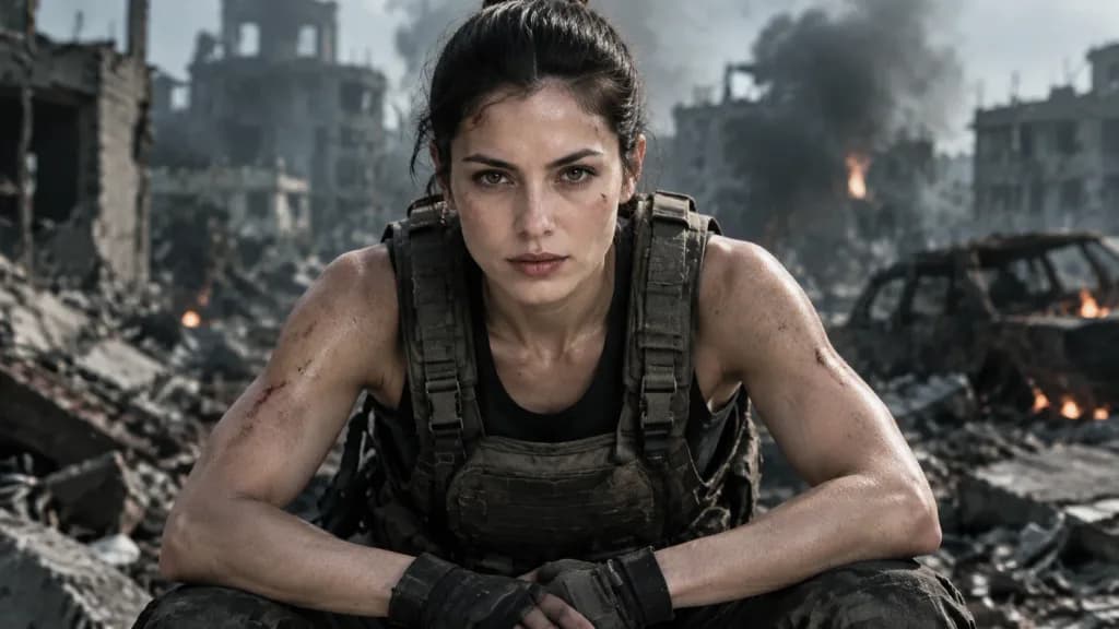 Tactical Military Woman in Combat Ruins