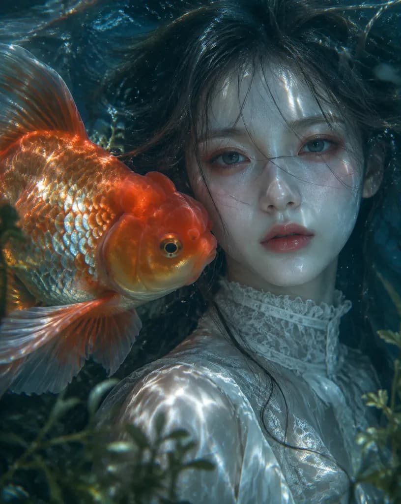 Submerged Surreal Portrait with Giant Goldfish