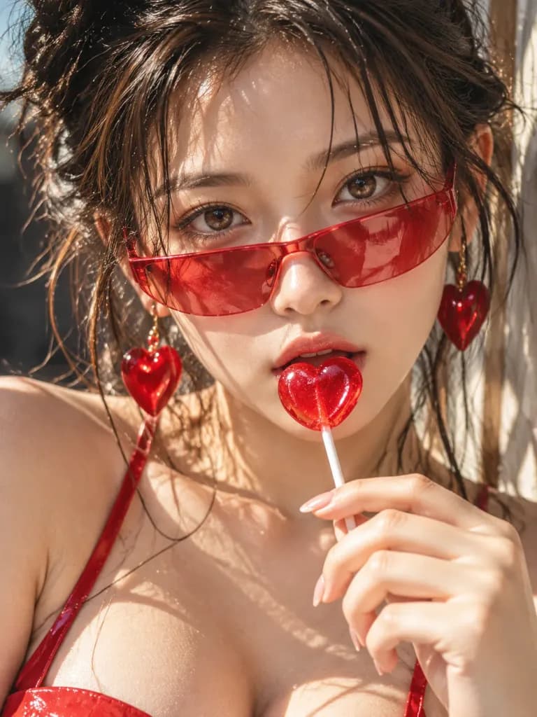 赤いキャンディのハイファッションポートレート