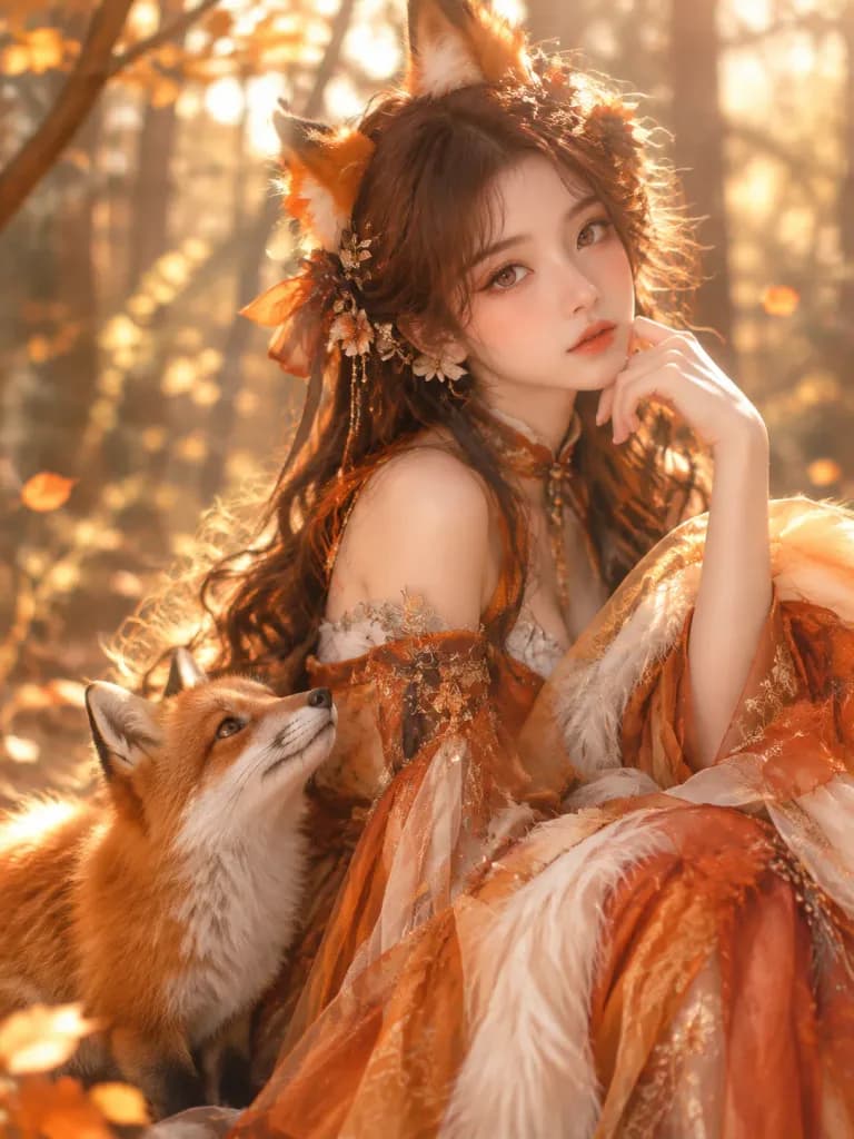 Fox-Inspired Couture Autumn Forest Portrait