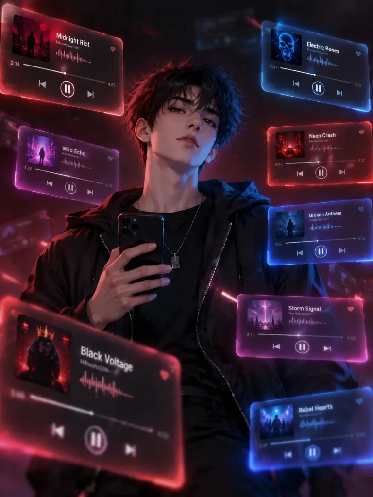 Poster AR con interfaccia musicale futuristica