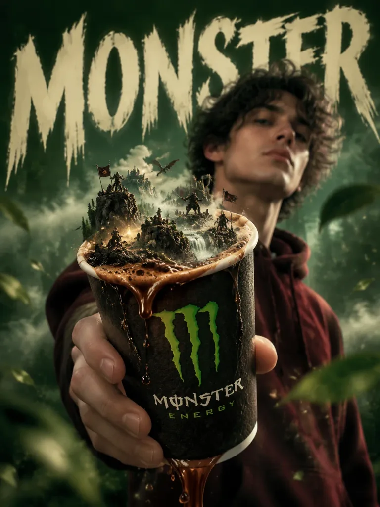 シュルレアリスム風エナジーコーヒー広告ポスター