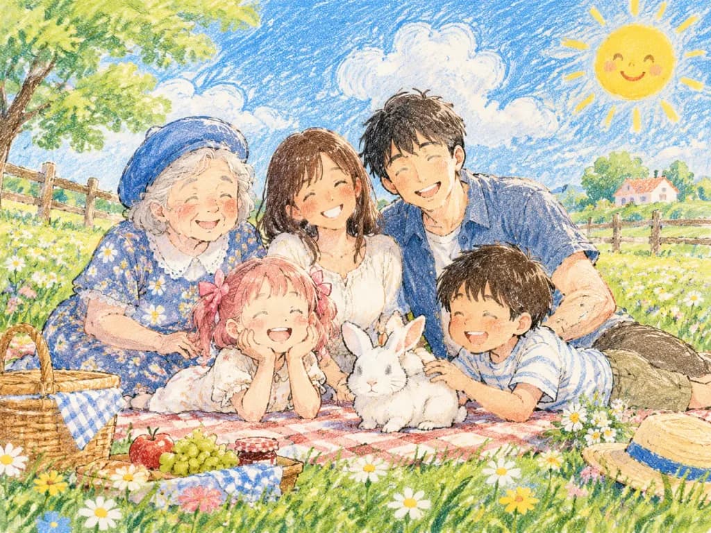 Pique-Nique Familial au Pastel et Crayon