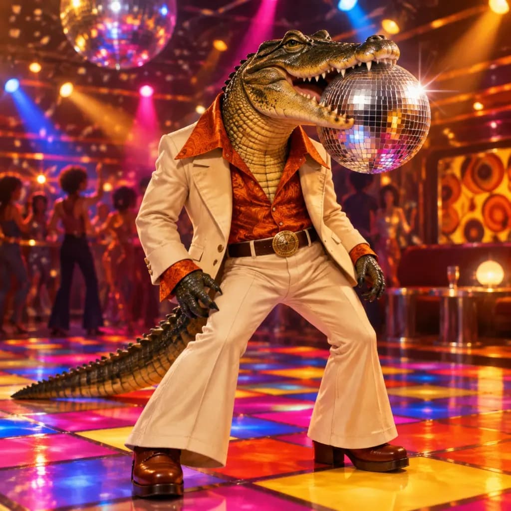 Retro Disco Alligator with Mirror Ball