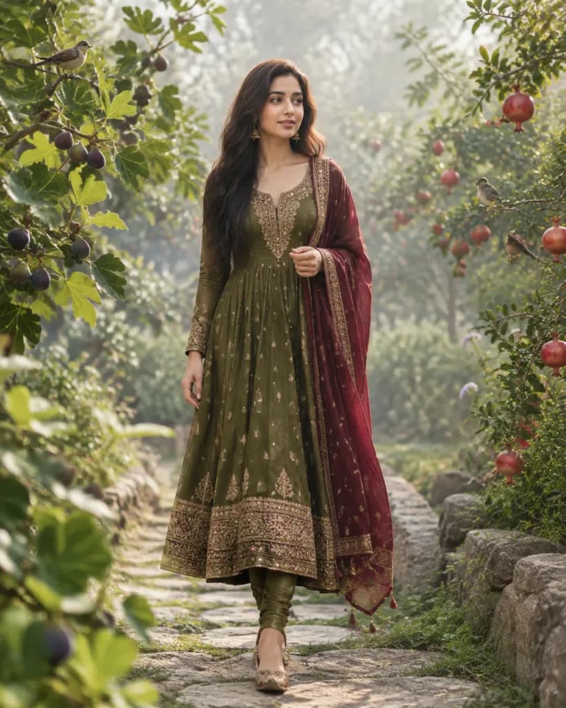 South Asian Woman in Anarkali Orchard