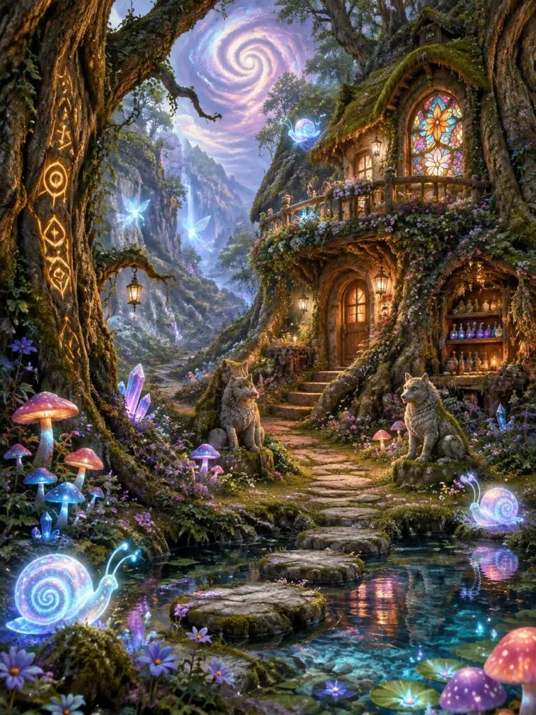 魔法の森と樹根のコテージのイラスト
