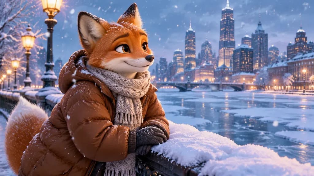 Winter City Fox in Puffy Jacket