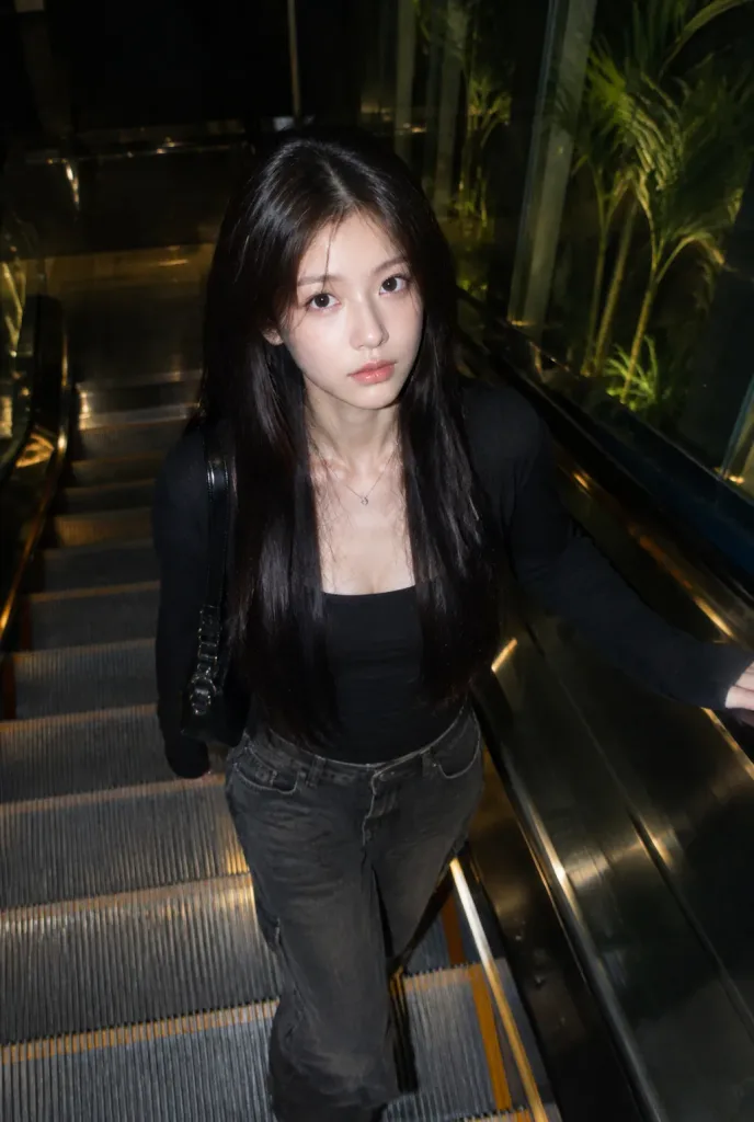 야간 플래시 지하철 에스컬레이터 인물 사진