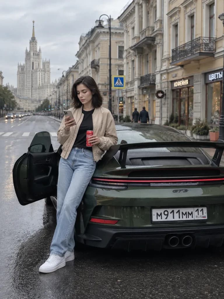 Woman Beside Porsche on Moscow Street