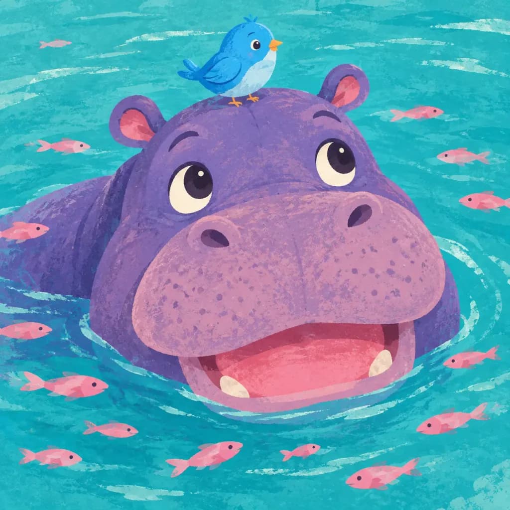 Hippopotame Violet Fantaisiste dans l'Eau Turquoise