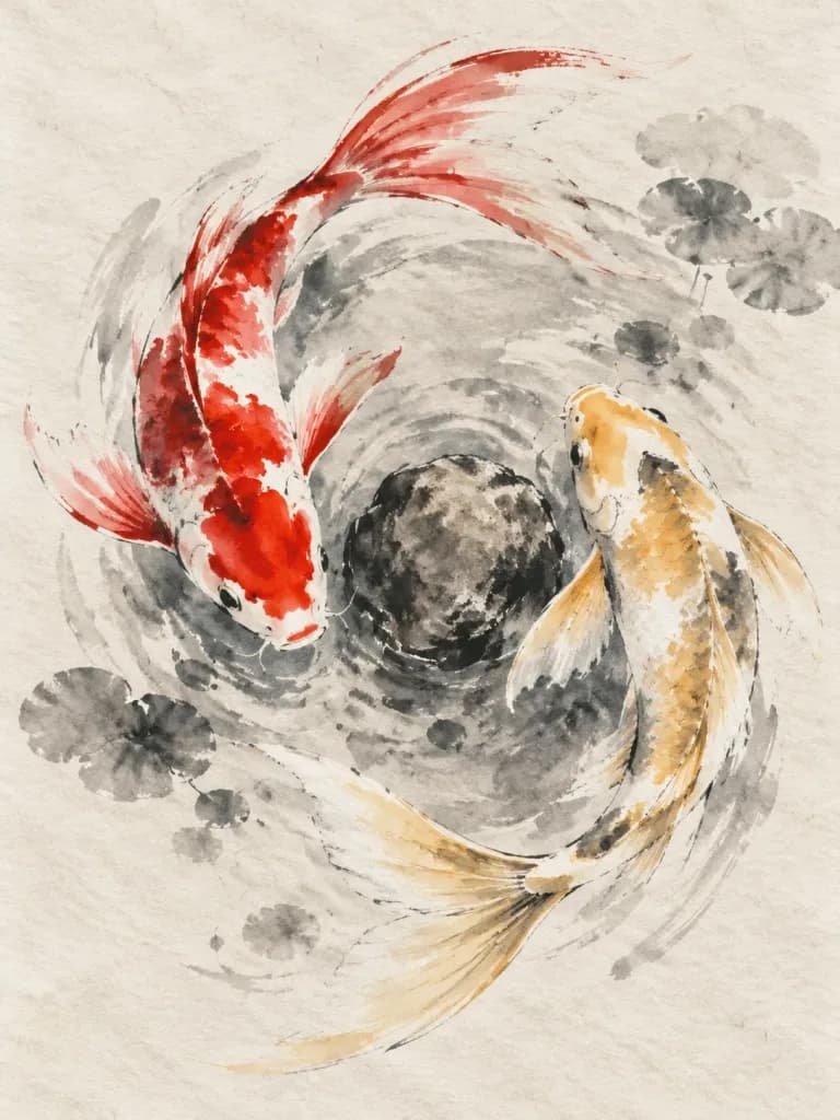 Sumi-e Koi Fish Ink Wash Painting