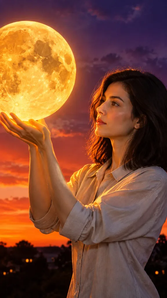 Woman Holding a Glowing Giant Moon