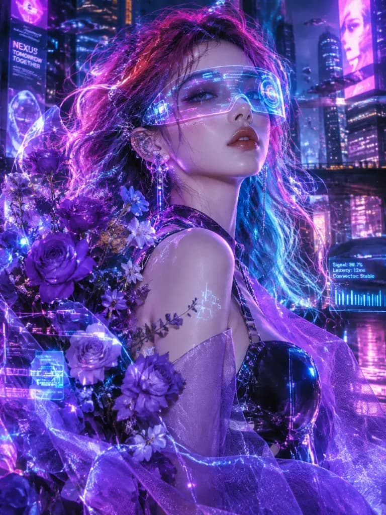Cyberpunk Neon Floral Fashion Portrait