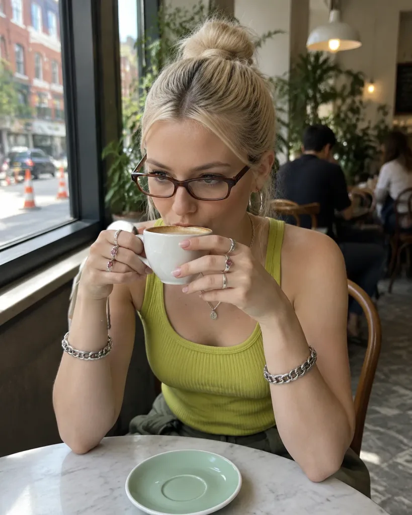 Woman Sipping Coffee by Cafe Window
