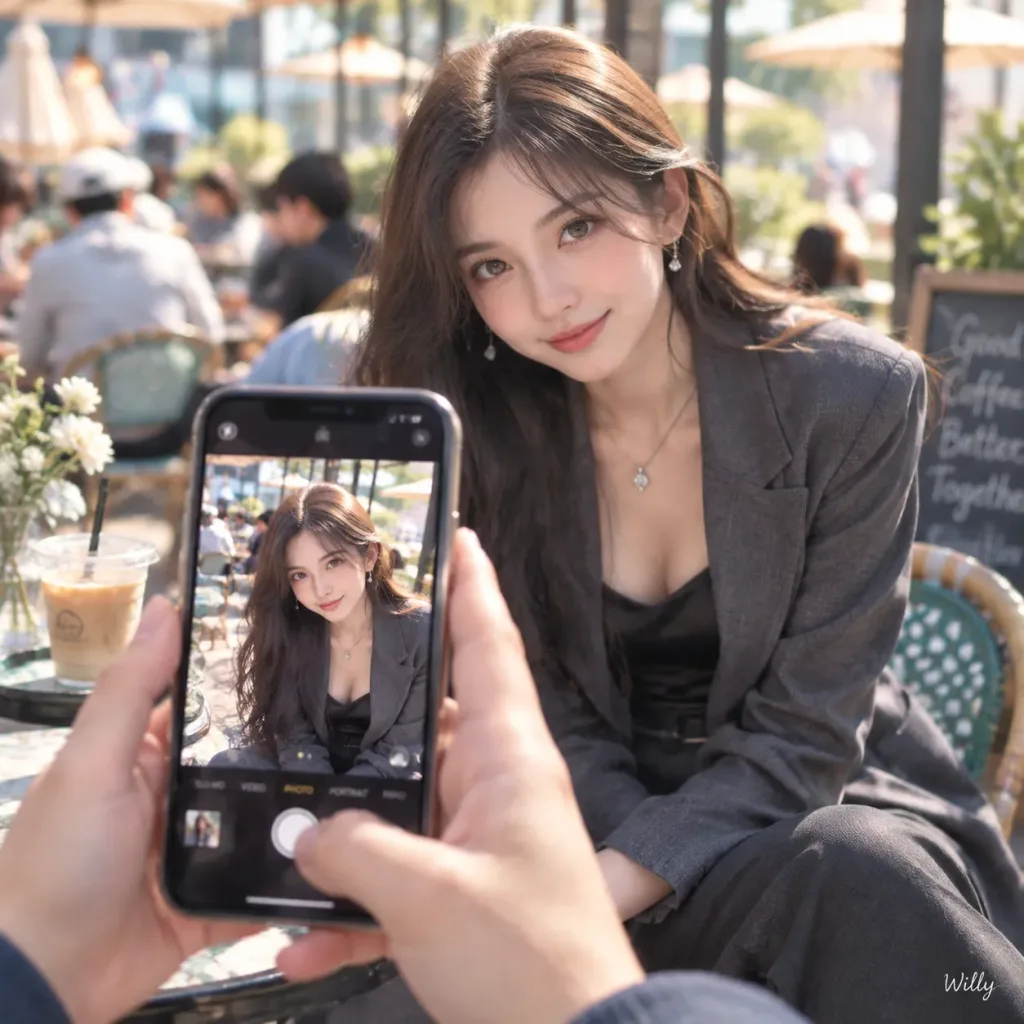 야외 카페 스마트폰 스냅 포트레이트