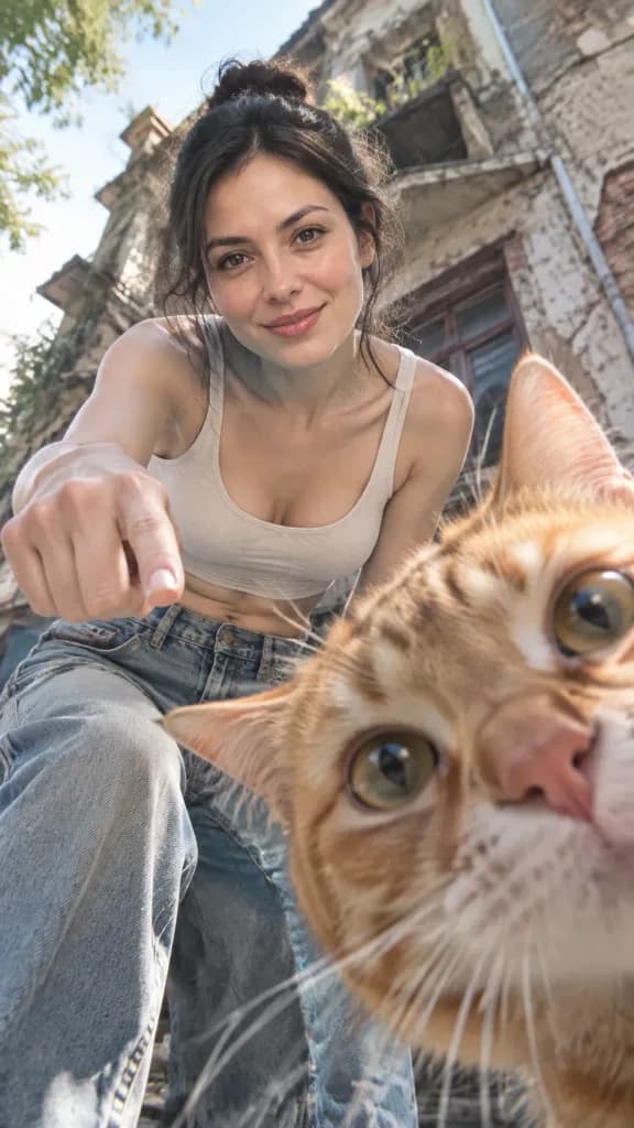 Low-Angle Urban Woman and Cat