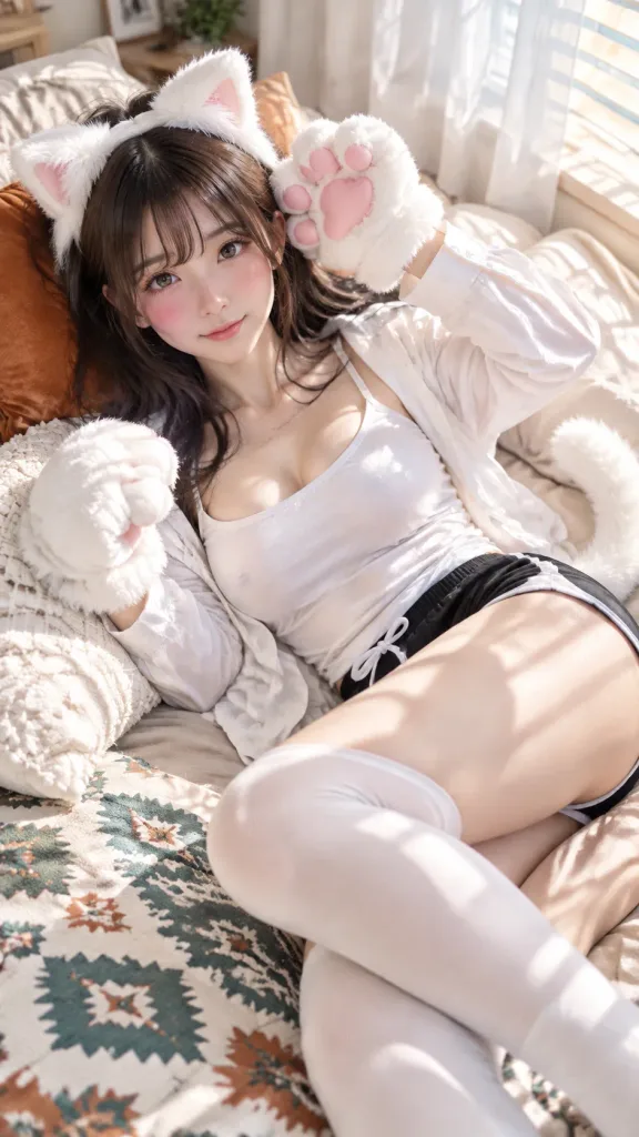 햇살 가득한 침실 고양이 코스프레 포트레이트