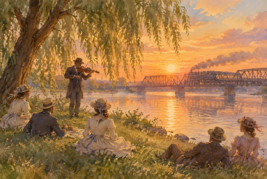 Violinista lungo il fiume al tramonto ad acquerello