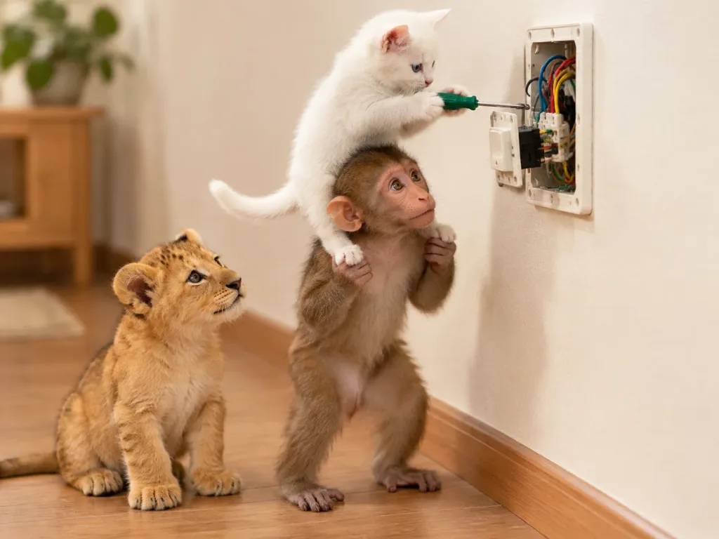 Bébés Animaux Réparant un Boîtier Électrique