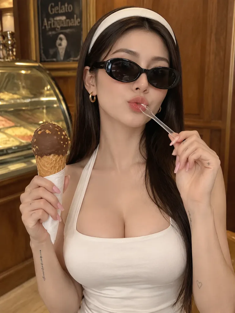 빈티지 젤라또 매장 속 여성 인물 사진