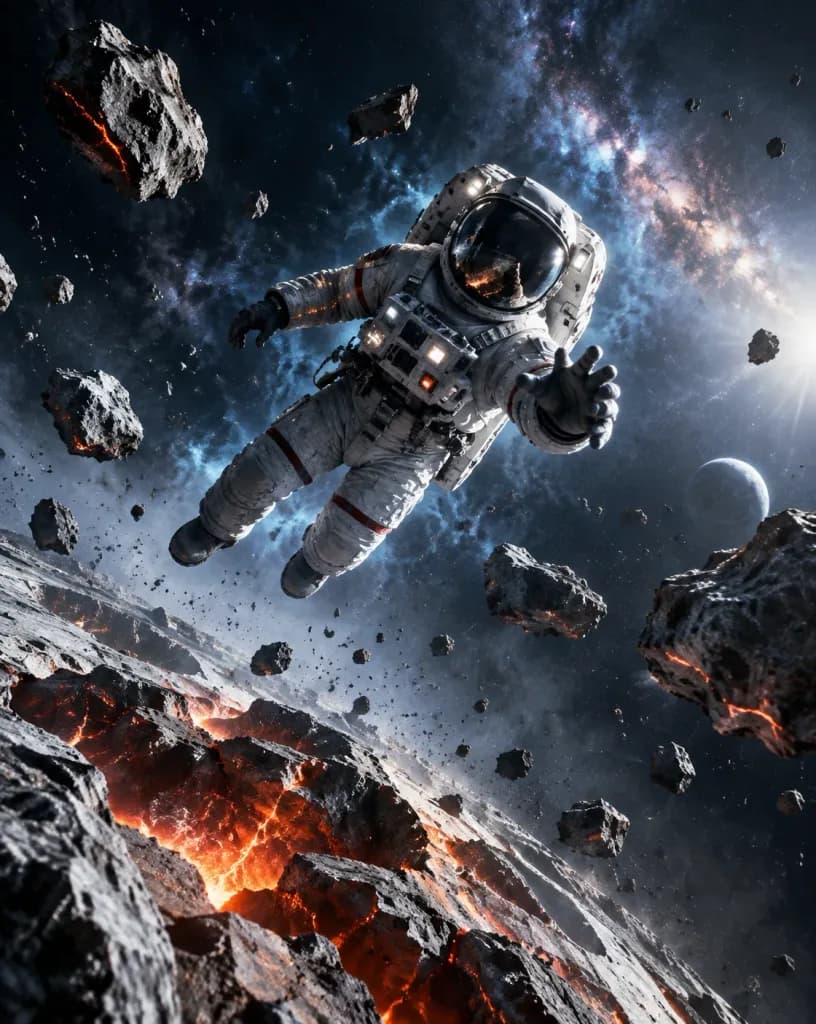 Parçalanmış Ay Yüzeyinin Üzerindeki Astronot