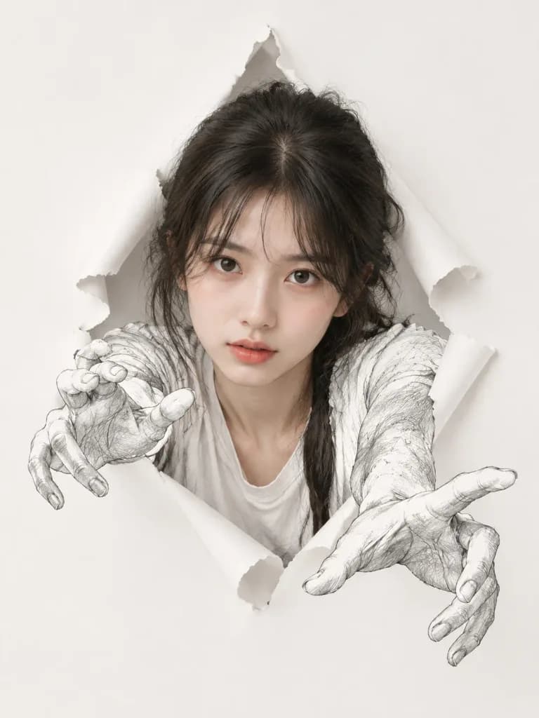 Surreal Portrait Emerging from Torn Wallpaper