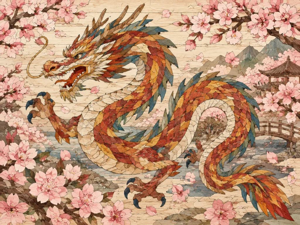 中国龍の幾何学ウッドモザイク