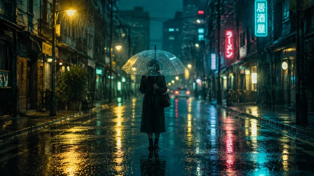 Cinematic Rainy Street with Neon Reflections
