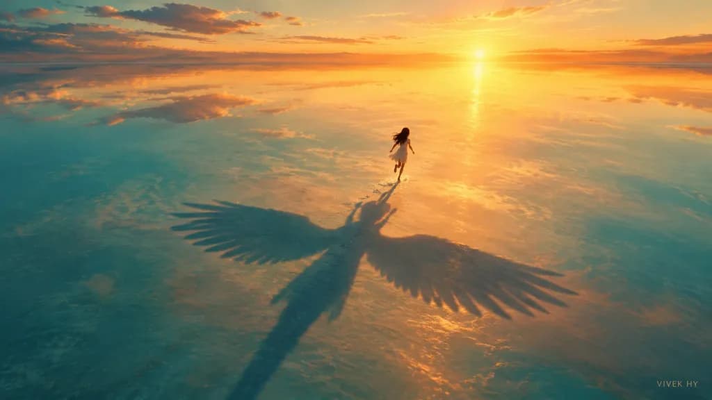 Girl Running Towards Sunrise with Wing Shadow