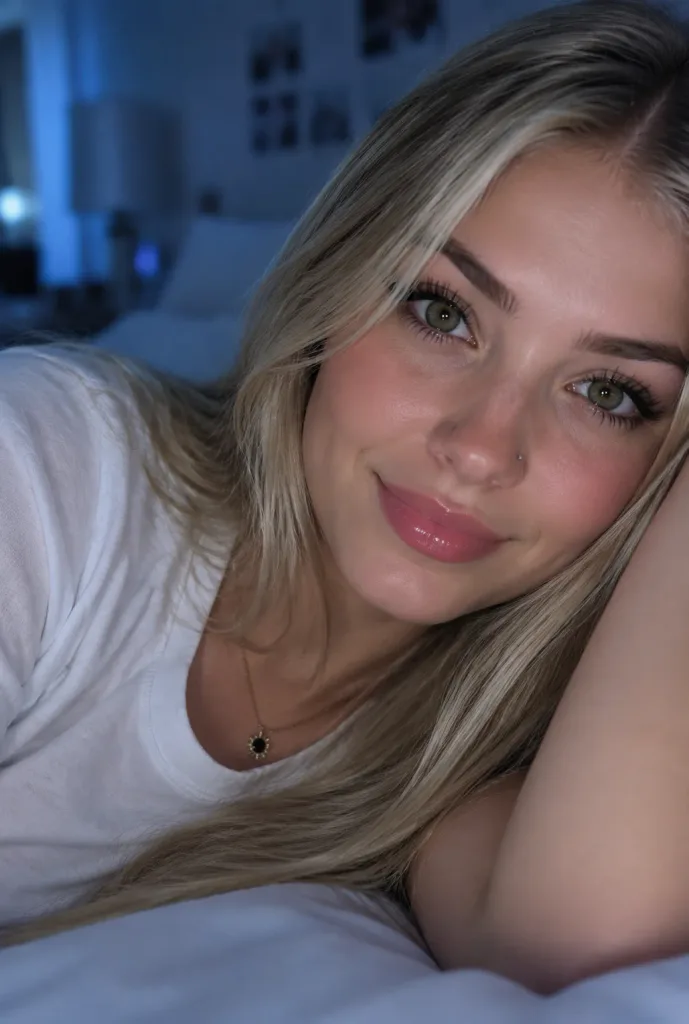 Blonde Woman Lying in Bed Selfie